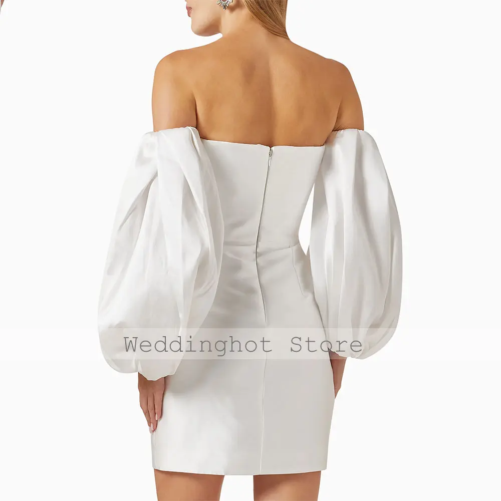Sheath Cocktail Dresses with Puffy Sleeves Strapless White Satin Cocktail Gowns for Women Column Mini Wedding Party Dress Short