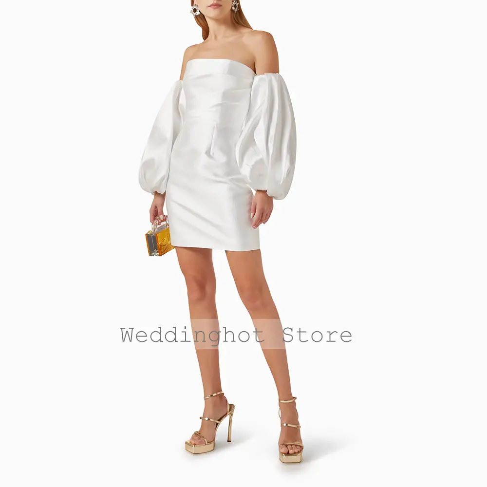 Sheath Cocktail Dresses with Puffy Sleeves Strapless White Satin Cocktail Gowns for Women Column Mini Wedding Party Dress Short