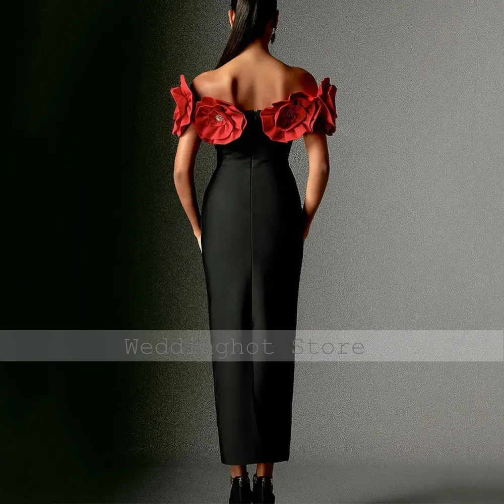 Column Cocktail Dress Black Red Flowers Off the Shoulder Tea Length Women's Cocktail Gowns Midi Sleeveless Sheath Party Dresses