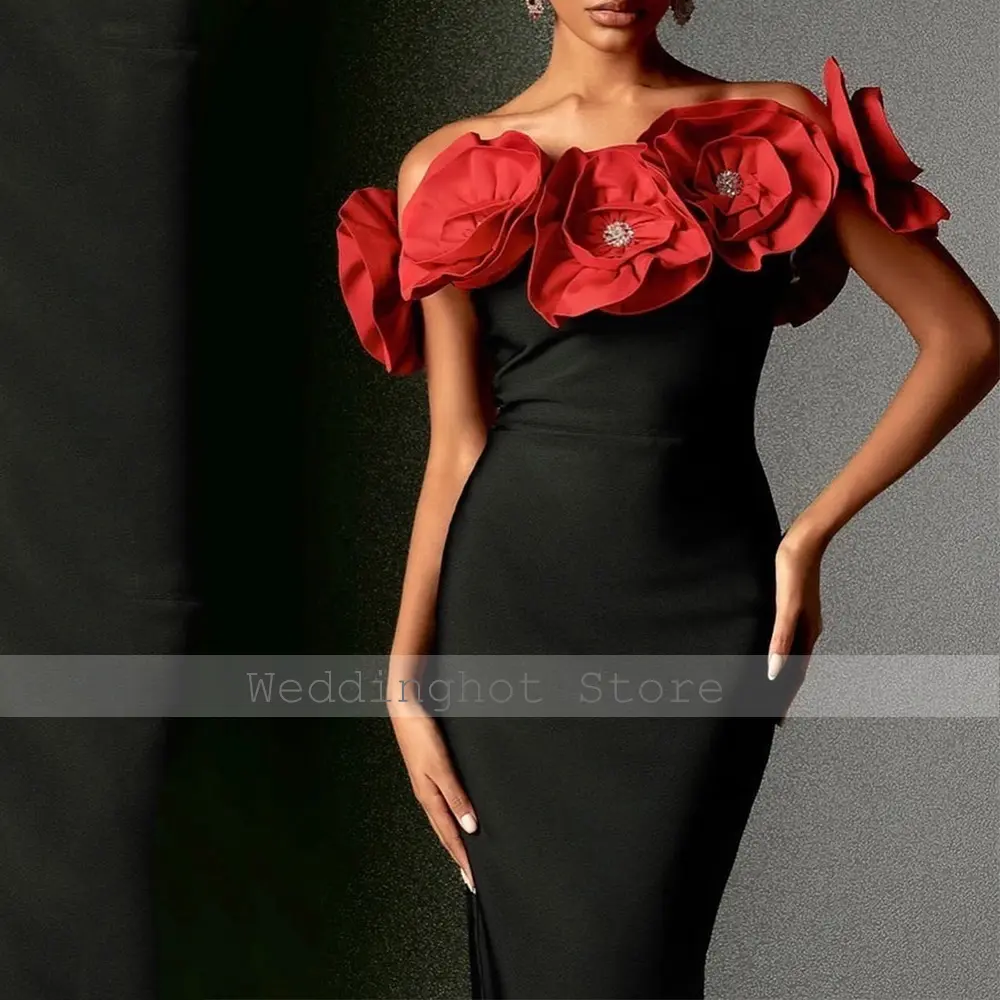 Column Cocktail Dress Black Red Flowers Off the Shoulder Tea Length Women's Cocktail Gowns Midi Sleeveless Sheath Party Dresses
