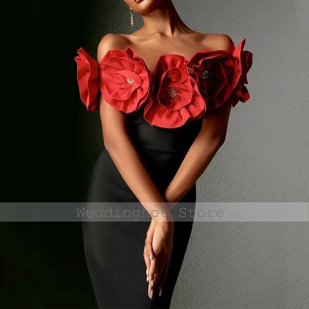 Column Cocktail Dress Black Red Flowers Off the Shoulder Tea Length Women's Cocktail Gowns Midi Sleeveless Sheath Party Dresses