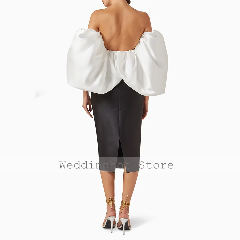 White Black Cocktail Dress Off the Shoulder Puff Sleeves Midi Cocktail Gowns Column Backless Tea Length Women's Party Gown Short