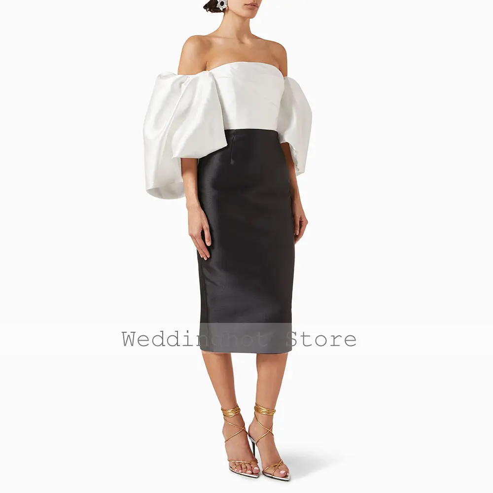 White Black Cocktail Dress Off the Shoulder Puff Sleeves Midi Cocktail Gowns Column Backless Tea Length Women's Party Gown Short