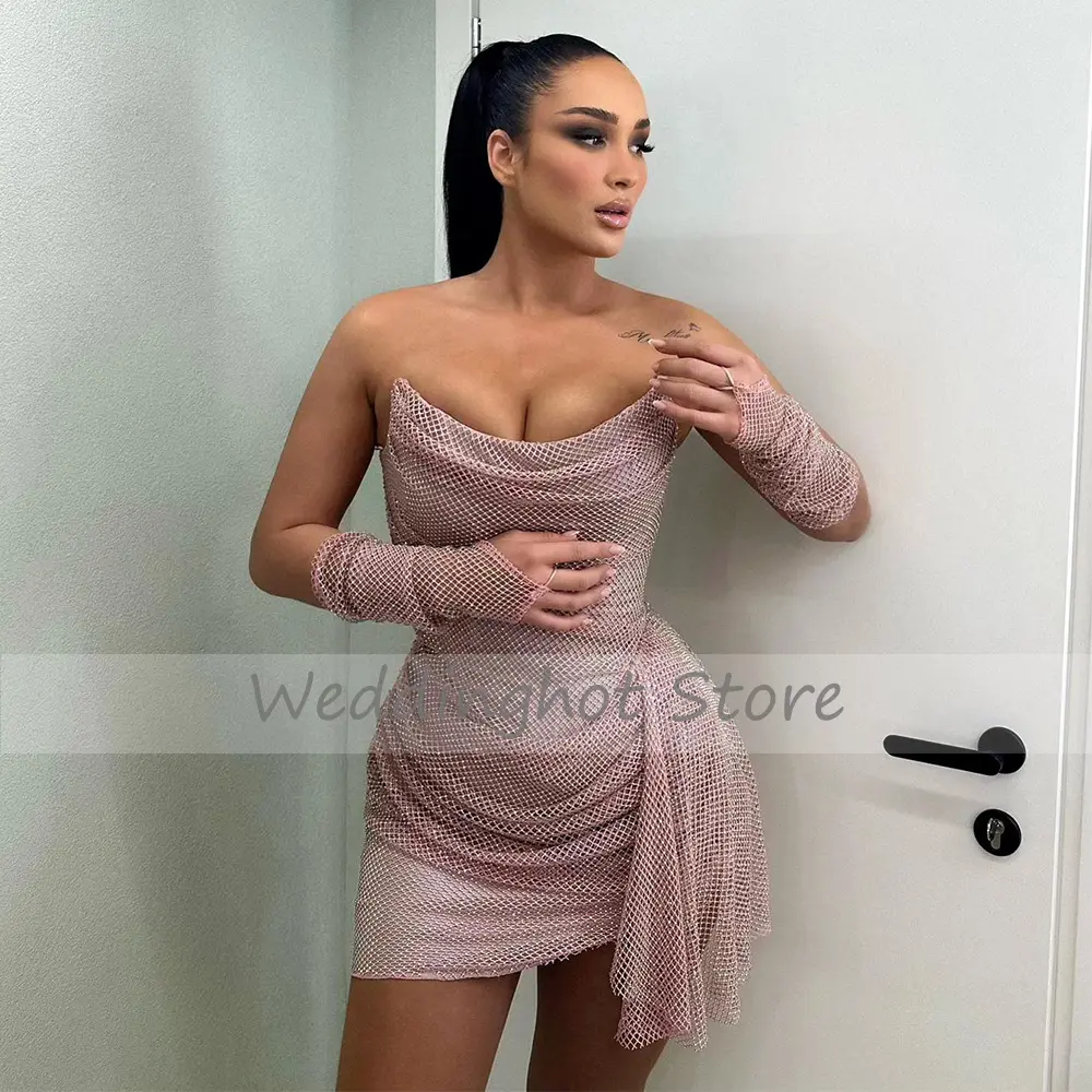Sparkle Cocktail Dresses with Gloves Crystal Pink Short  Gowns for Women Column V Neck Pleated Luxury Party Dress Mini