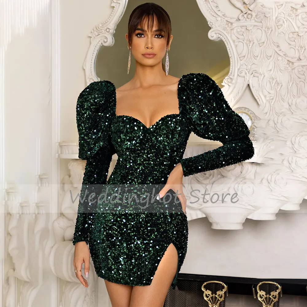 Green Cocktail Dress Sequin Long Sleeves Sweetheart Mini Cocktail Gown for Women 2023 Side Slit Backless Sexy Party Dress Custom