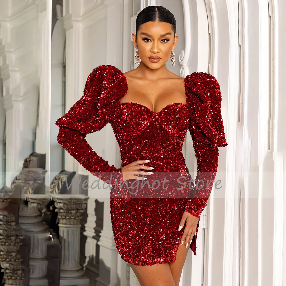 Green Cocktail Dress Sequin Long Sleeves Sweetheart Mini Cocktail Gown for Women 2023 Side Slit Backless Sexy Party Dress Custom