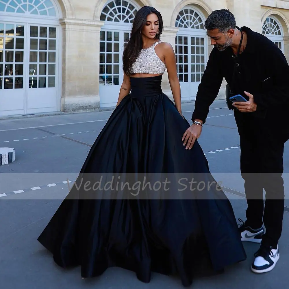 Blace & White Evening Dress 2 Pieces A Line Sleeveless Sexy Evening Gown for Women Crop Top Tank Neck Sequined Party Dress Long
