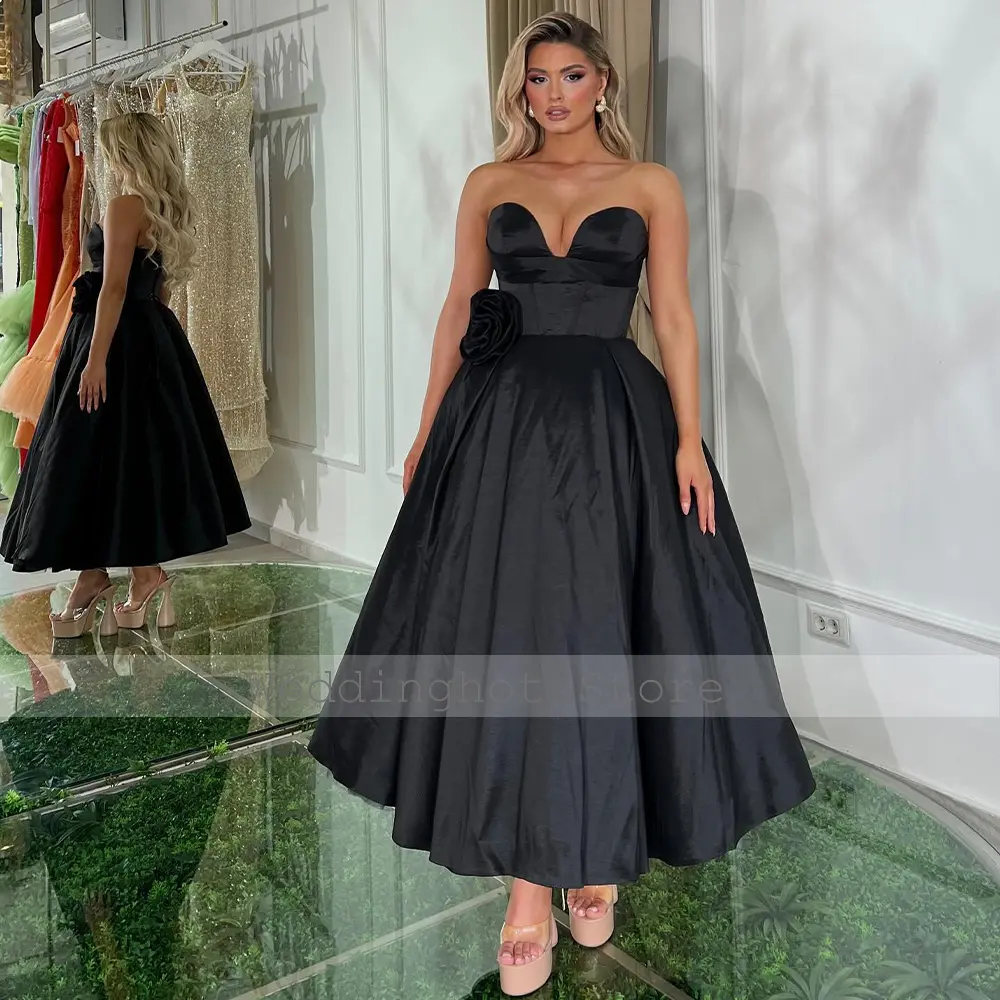 Ball Gown Formal Party Dress Black Satin Ankle Length Sweetheart Evening Gowns Midi 3D Flower Lace Up Women's Prom Dresses 2024