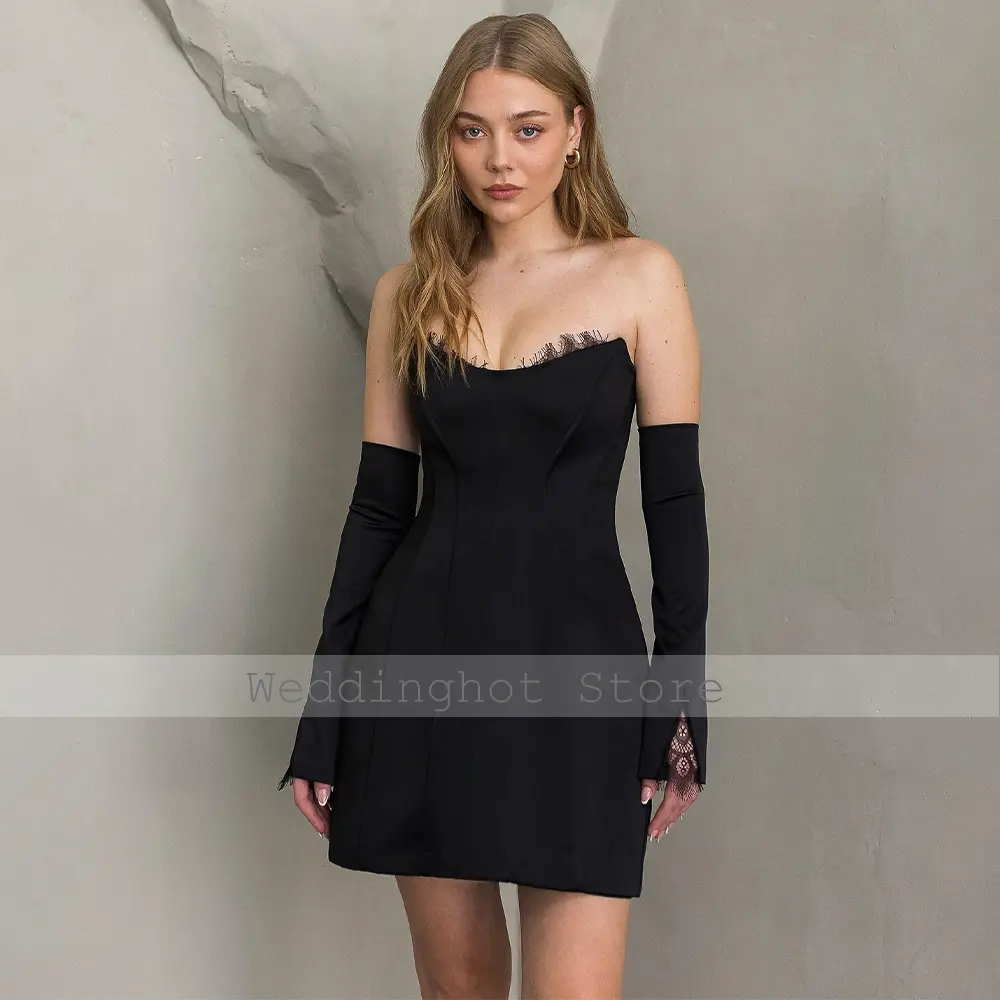 Column Homecoming Dress Black Lace V Neck Corset Short Homecoming Gowns for Ladies Backless Detachable Sleeves Cocktail Dresses