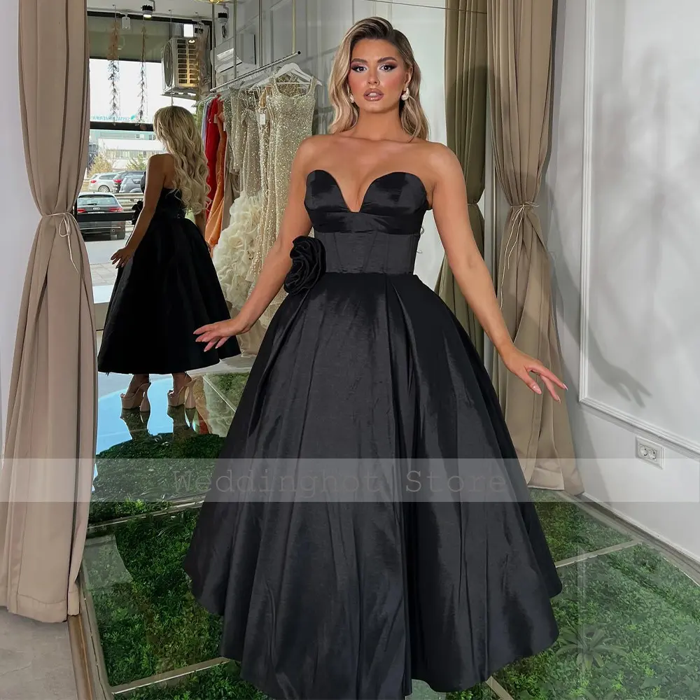 Ball Gown Formal Party Dress Black Satin Ankle Length Sweetheart Evening Gowns Midi 3D Flower Lace Up Women's Prom Dresses 2024