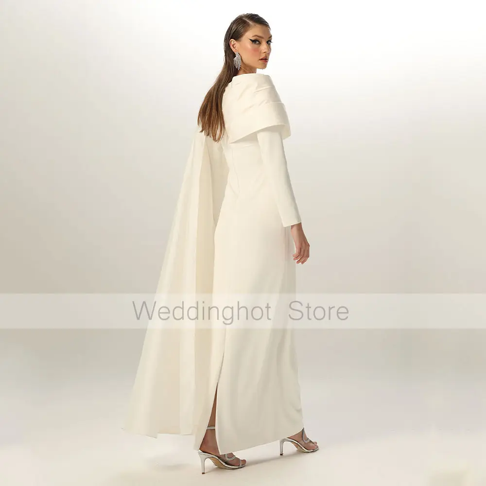 Elegant Evening Dress Ivory O Neck Long Sleeves Column Evening Gowns for Women 2025 Ankle Length Pleated Cape Formal Party Dress