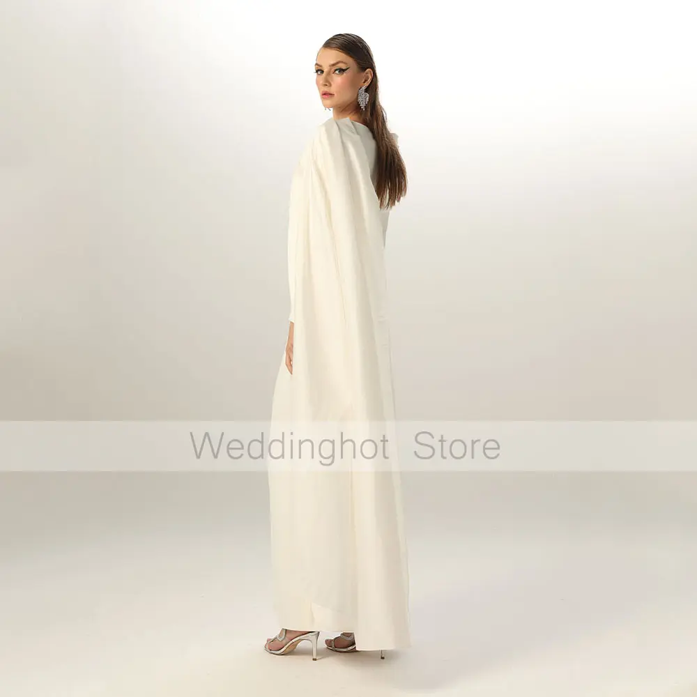 Elegant Evening Dress Ivory O Neck Long Sleeves Column Evening Gowns for Women 2025 Ankle Length Pleated Cape Formal Party Dress