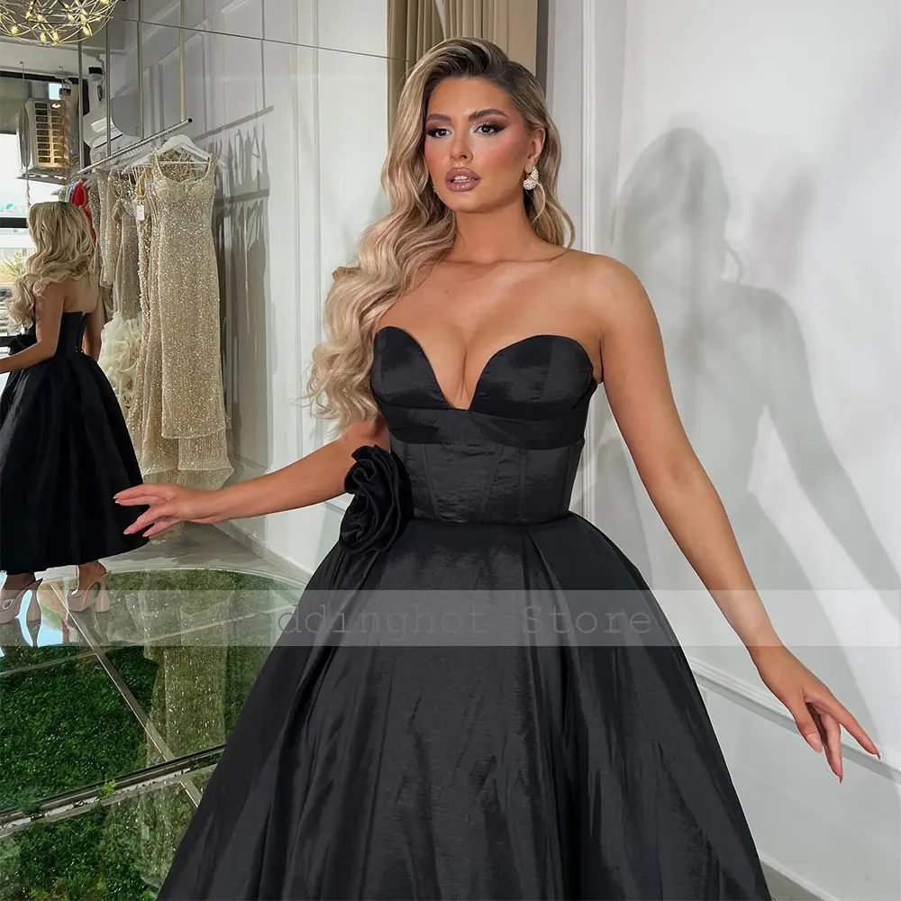 Ball Gown Formal Party Dress Black Satin Ankle Length Sweetheart Evening Gowns Midi 3D Flower Lace Up Women's Prom Dresses 2024