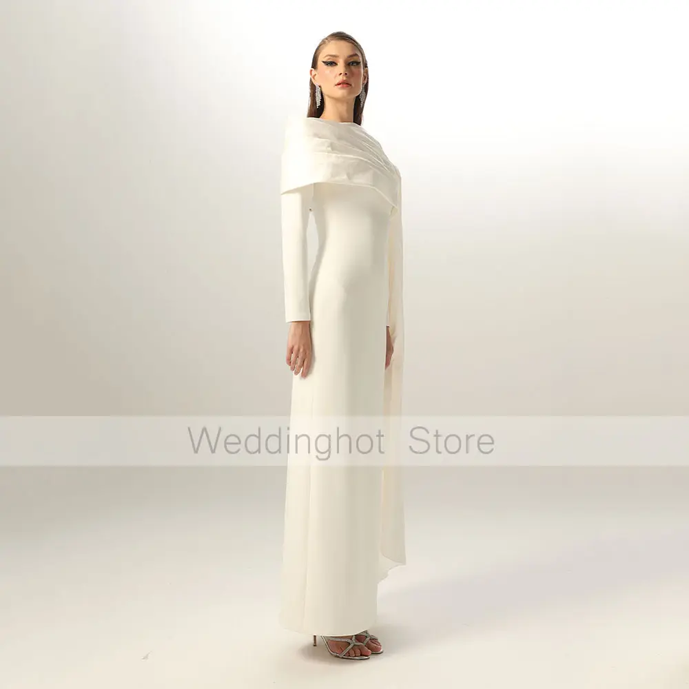 Elegant Evening Dress Ivory O Neck Long Sleeves Column Evening Gowns for Women 2025 Ankle Length Pleated Cape Formal Party Dress