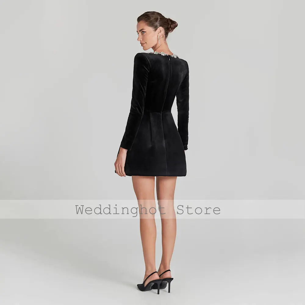 Black Cocktail Dress Mini Long Sleeves Sparkle Crystals A Line Women's Cocktail Gowns for Women Pockets Birthday Party Dresses
