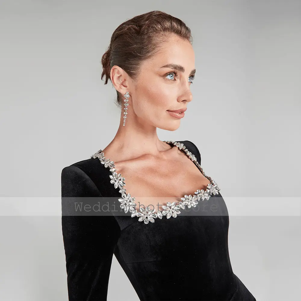 Black Cocktail Dress Mini Long Sleeves Sparkle Crystals A Line Women's Cocktail Gowns for Women Pockets Birthday Party Dresses