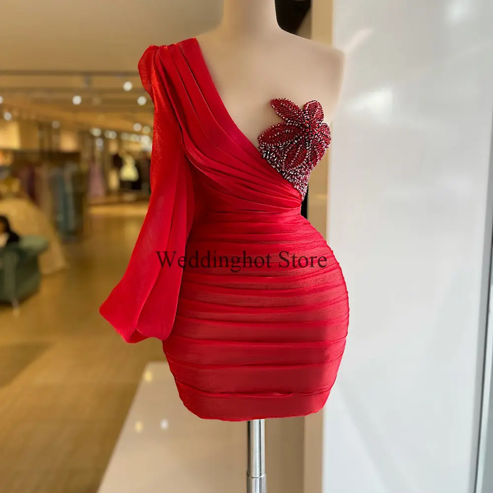 Women's Cocktail Dress Mimi Sheath Long Sleeve One Shoulder Short  Gowns 2023 Beading Pleat Sexy Formal Party Dresses