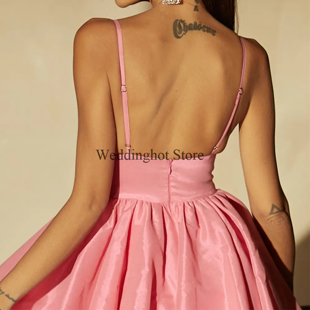 Pink Prom Dress Mini Satin Spaghetti Straps V Neck A Line Sexy Cocktail  2023 Backless Draped Short Party es for Women