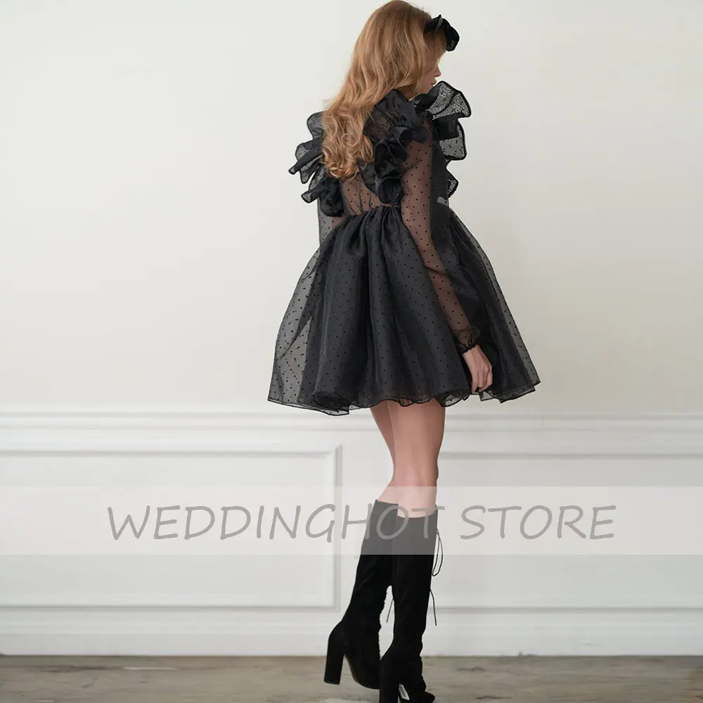Black Evening Dresses 2022 Lolita V-Neck Puff Sleeves Puffy Formal Party Dress A-Line Illusion Sexy Cute Point Tulle Prom Gowns