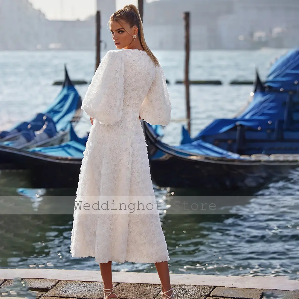 Luxury Cocktail Dresses 3D Flowers A Line O Neck Half Puffy Sleeves Party Gowns Midi Tea Length Princess Formal Evening Dress