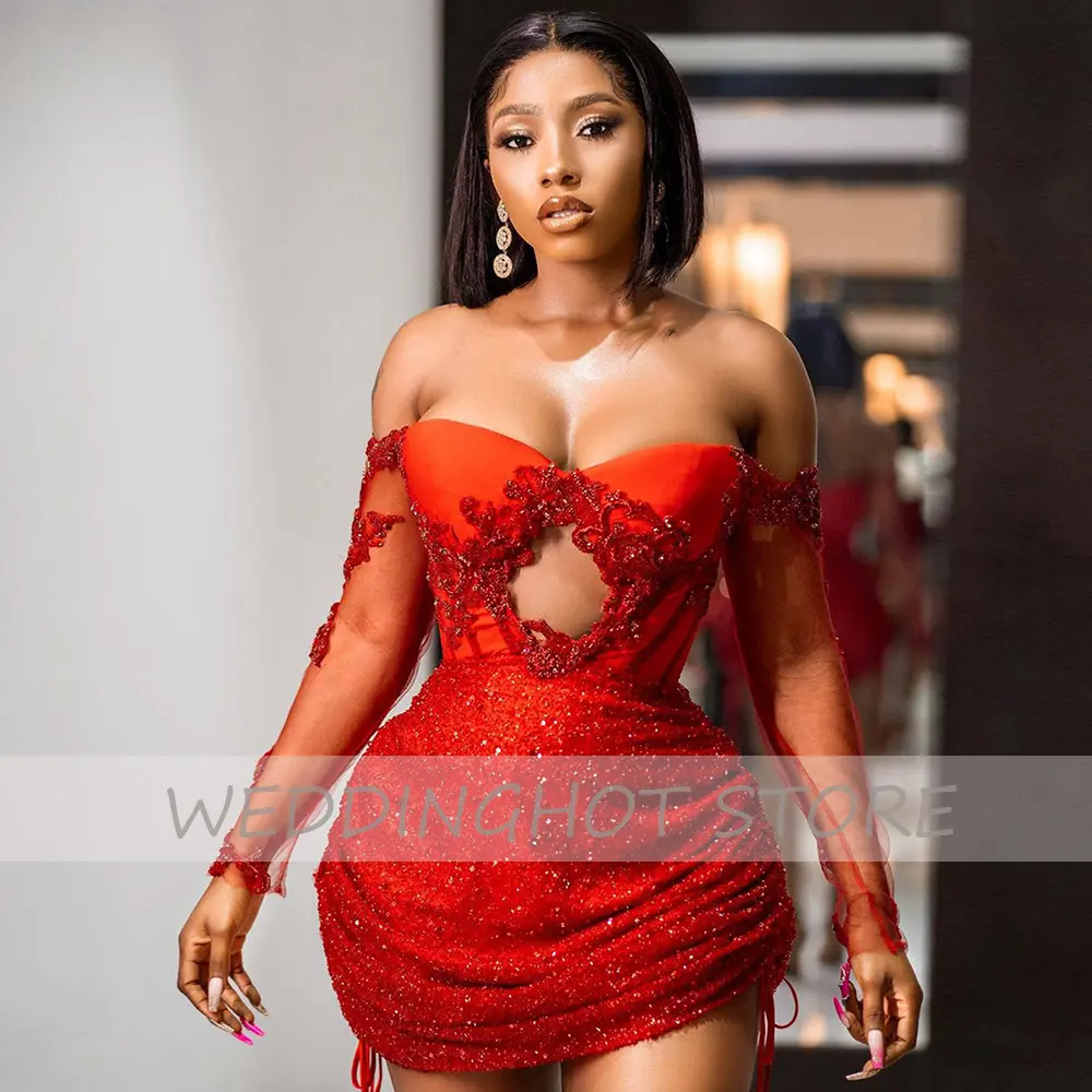 Sparkle Mermaid Evening Dresses 2021 Sexy Sequin Off-The-Shoulder Prom Gowns Red Beading Long Sleeve Party Dress robes de soirée