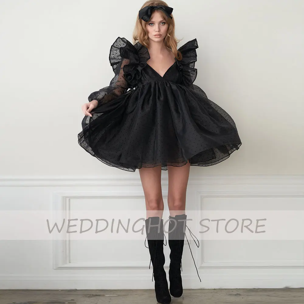 Black Evening Dresses 2022 Lolita V-Neck Puff Sleeves Puffy Formal Party Dress A-Line Illusion Sexy Cute Point Tulle Prom Gowns