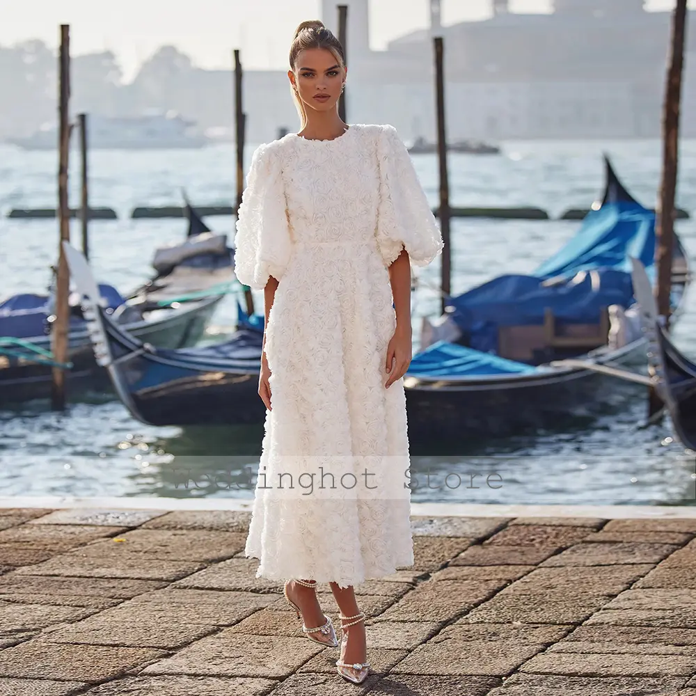 Luxury Cocktail Dresses 3D Flowers A Line O Neck Half Puffy Sleeves Party Gowns Midi Tea Length Princess Formal Evening Dress