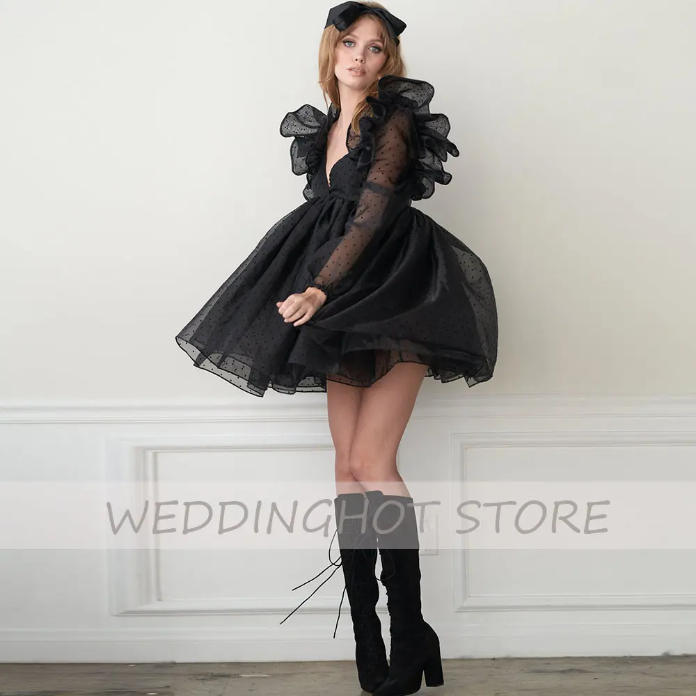 Black Evening Dresses 2022 Lolita V-Neck Puff Sleeves Puffy Formal Party Dress A-Line Illusion Sexy Cute Point Tulle Prom Gowns