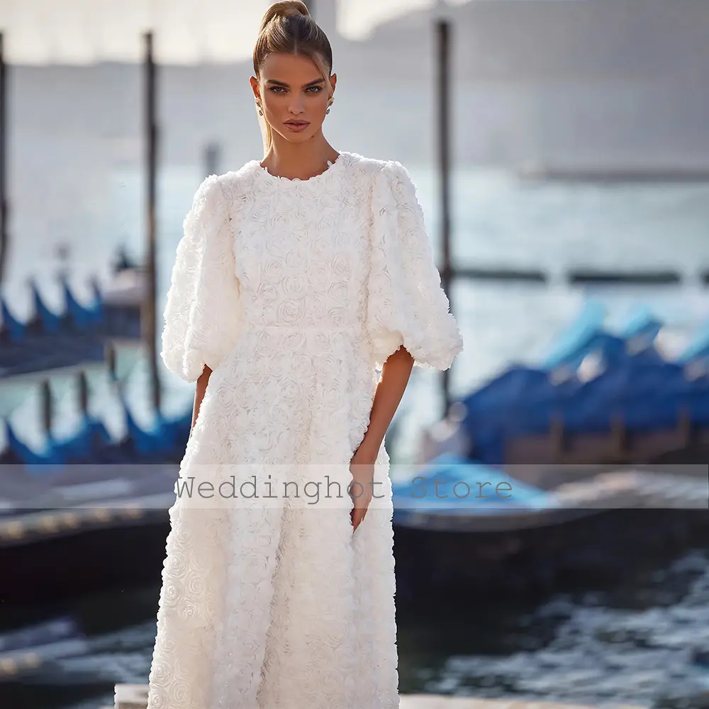 Luxury Cocktail Dresses 3D Flowers A Line O Neck Half Puffy Sleeves Party Gowns Midi Tea Length Princess Formal Evening Dress