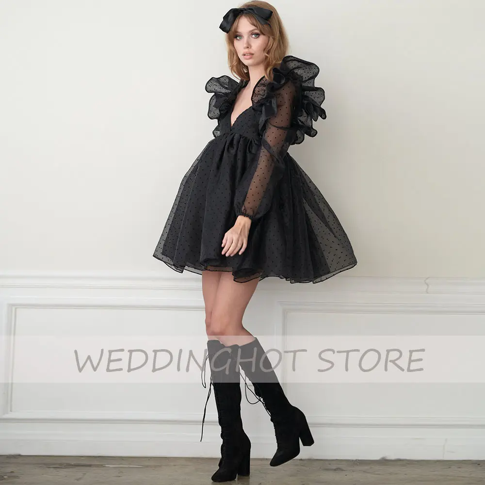 Black Evening Dresses 2022 Lolita V-Neck Puff Sleeves Puffy Formal Party Dress A-Line Illusion Sexy Cute Point Tulle Prom Gowns