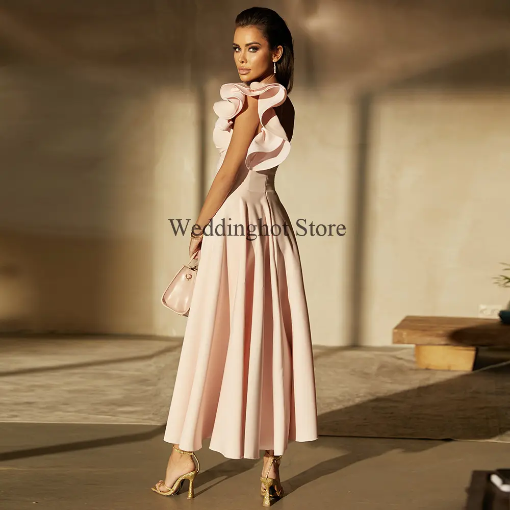 Blush Pink Prom Dress Midi A LIne Sleeveless Sweetheart Sexy Prom Gown Short Ruffles Side Slit Ankle Length Women's Party Dress