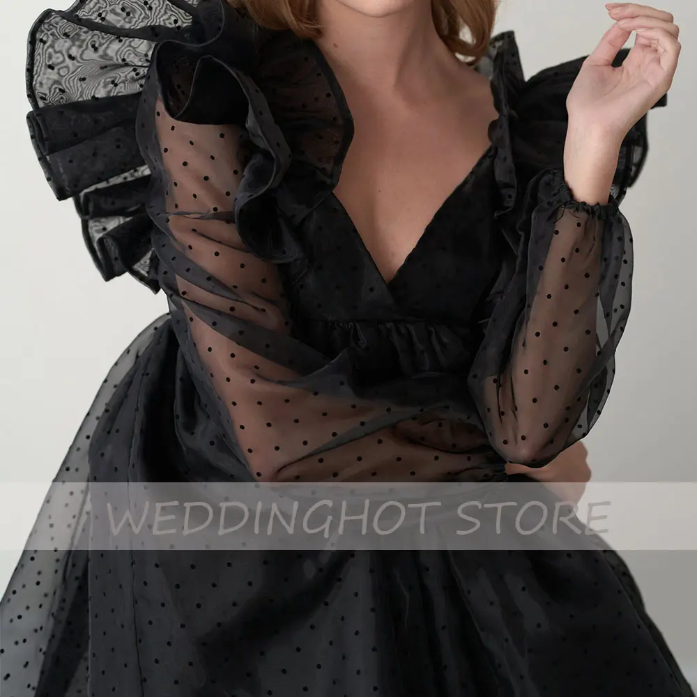 Black Evening Dresses 2022 Lolita V-Neck Puff Sleeves Puffy Formal Party Dress A-Line Illusion Sexy Cute Point Tulle Prom Gowns
