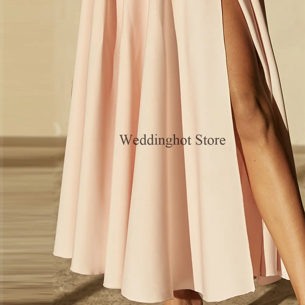 Blush Pink Prom Dress Midi A LIne Sleeveless Sweetheart Sexy Prom Gown Short Ruffles Side Slit Ankle Length Women's Party Dress