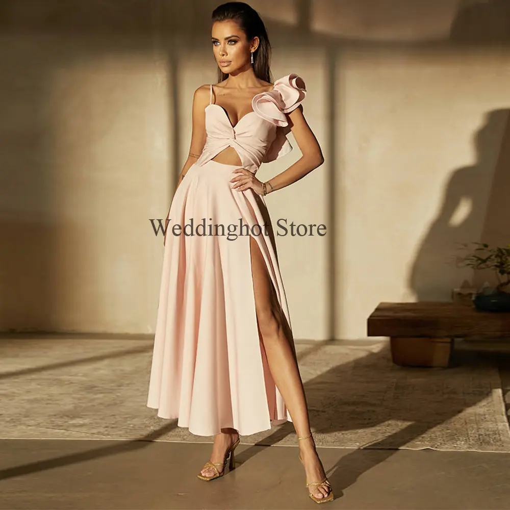 Blush Pink Prom Dress Midi A LIne Sleeveless Sweetheart Sexy Prom Gown Short Ruffles Side Slit Ankle Length Women's Party Dress