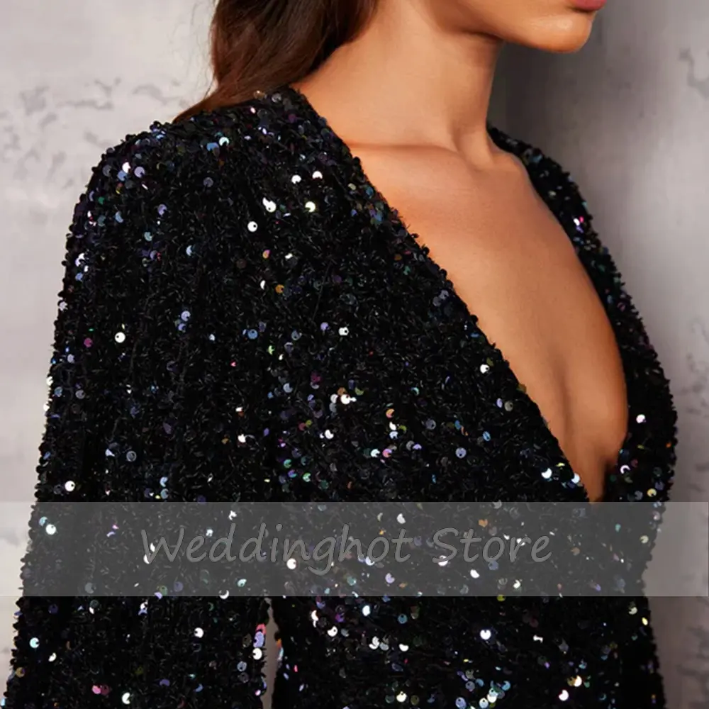 Black Sequin Cocktail Dress 2023 Long Puff Sleeves Deep V Neck Mini Cocktail Gowns Sexy Summer Short Robe Bodycon for Party