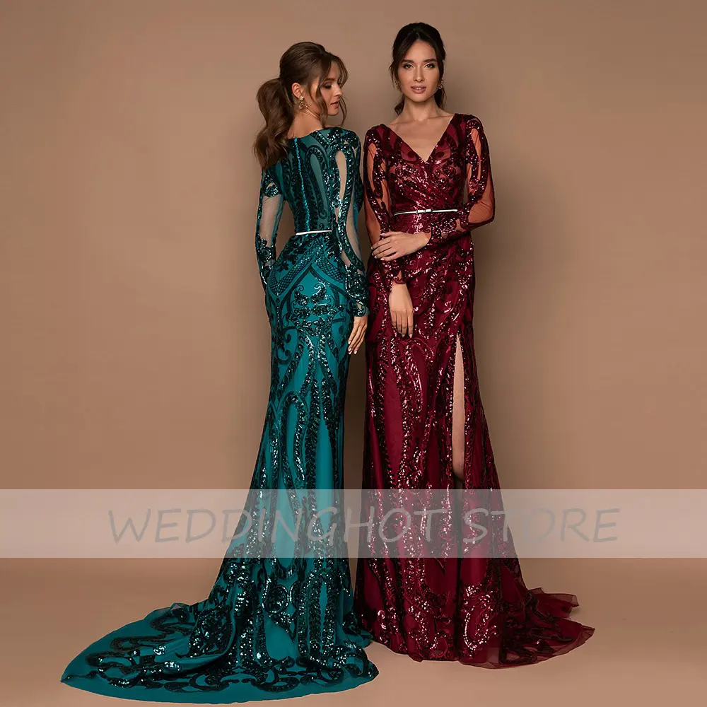 Sequin Mermaid Evening Dresses Long 2025 Gorgeous V-Neck Long Sleeves Formal Prom Party Gown Sparkly Black Split robes de soirée