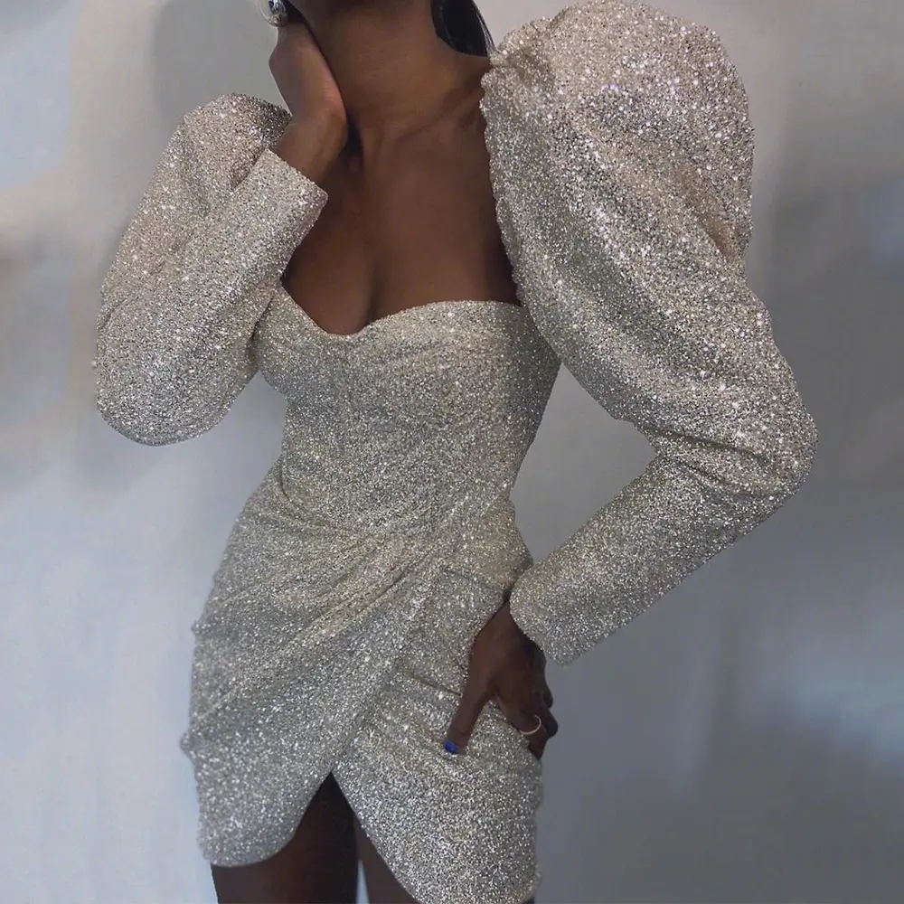 Shiny Evening Dresses 2022 Simple Puff Sleeves Long Evening Gowns Sexy Silver Sweetheart Split Sequin Mermaid Bride Party Dress