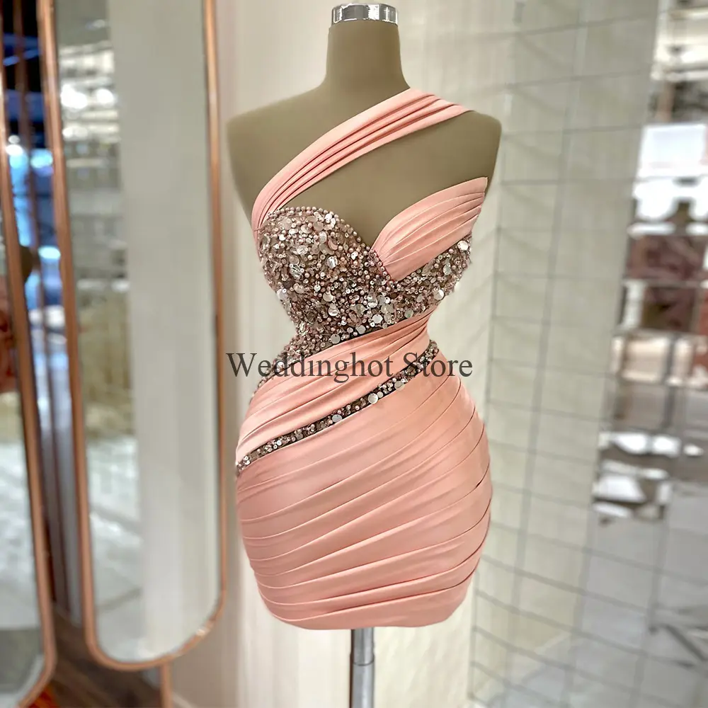 Mini Cocktail Dress Pink Satin One Shoulder Luxury  Gown For Women 2022 Sleeveless Beading Sequin Sexy Party Dresses