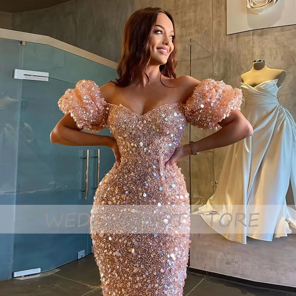 Sparkly Evening Dresses Long 2024 Off Shoulder Puff Sleeves Mermaid Prom Gown Sweetheart Pink Sequin Party Dress Robes De Soiree