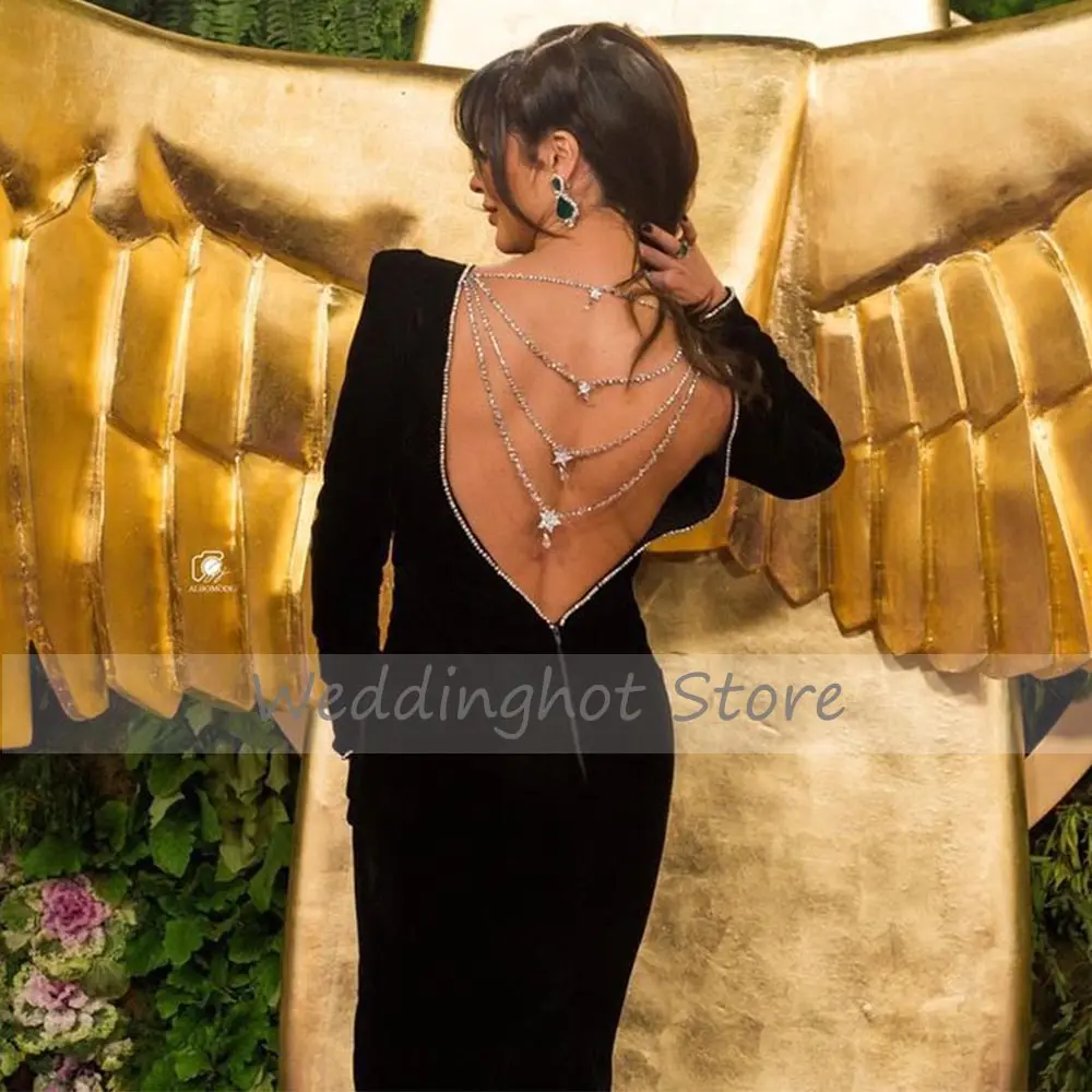 Sexy Backless Evening Dress Celebrity Black Long Sleeves Mermaid  Gown Women Beaded Boat Neck Floor Length Party Dresses