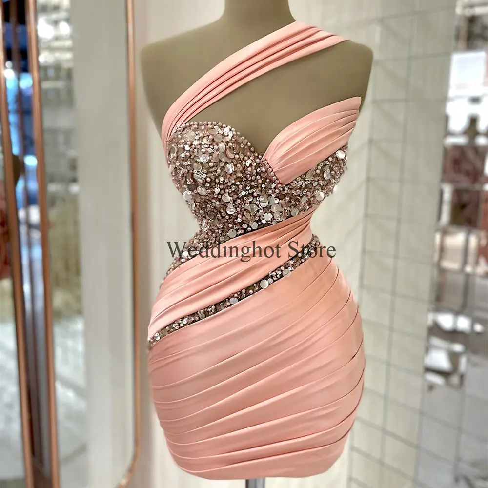 Mini Cocktail Dress Pink Satin One Shoulder Luxury  Gown For Women 2022 Sleeveless Beading Sequin Sexy Party Dresses