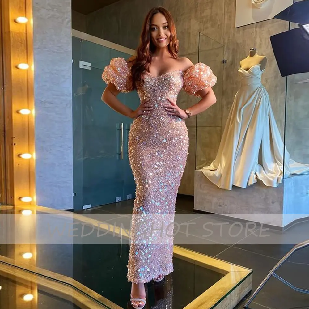 Sparkly Evening Dresses Long 2024 Off Shoulder Puff Sleeves Mermaid Prom Gown Sweetheart Pink Sequin Party Dress Robes De Soiree