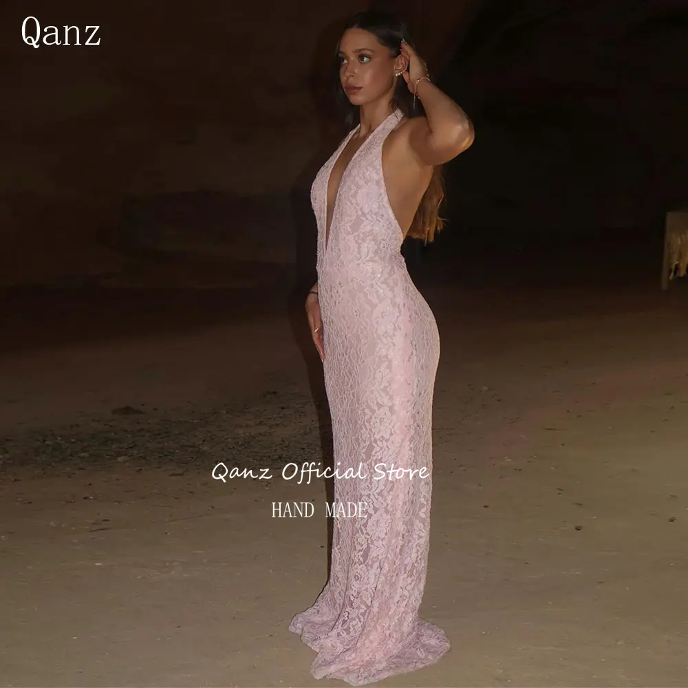 Qanz Boho Pink Prom Dresses Sexy Deep V Neck Lace Appliques Vestidos De Boda Para Fiestas Mermaid Halter Party Gowns Customized