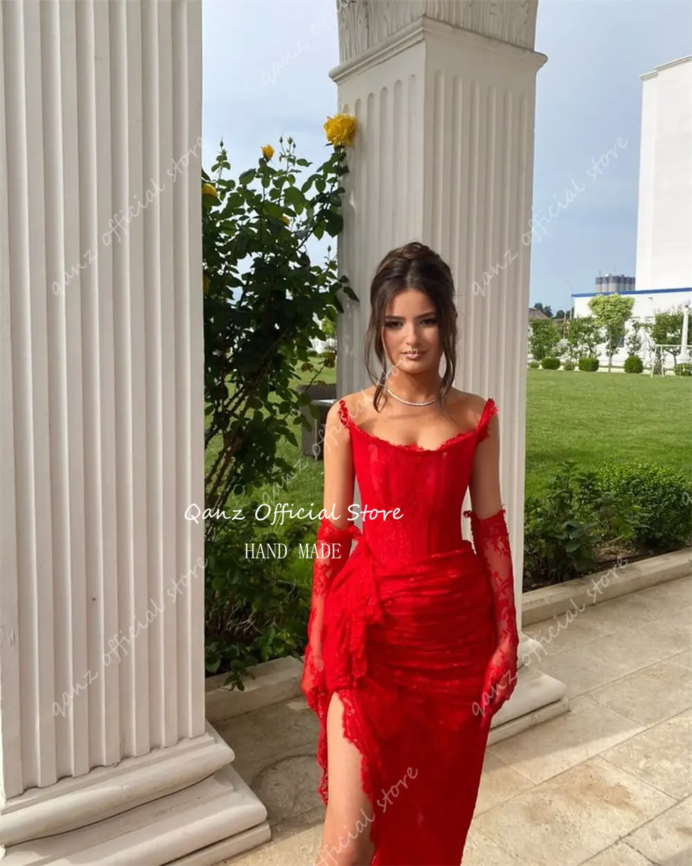 Qanz Sexy High Leg Slit Evening Dresses Red Full Lace Strapless Mermaid Vestidos De Gala Prom Dresses Luxury Gowns Customized