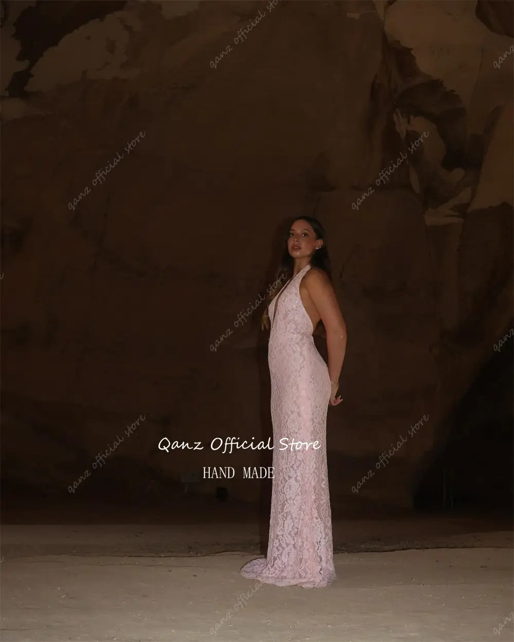 Qanz Boho Pink Prom Dresses Sexy Deep V Neck Lace Appliques Vestidos De Boda Para Fiestas Mermaid Halter Party Gowns Customized