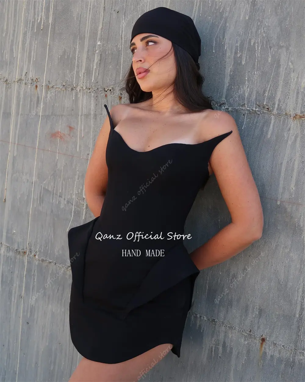 Qanz Modern Prom Dresses Mini Above Knee Black Satin Vestidos Para Eventos Especiales Sweetheart Cocktail Dresses Customized