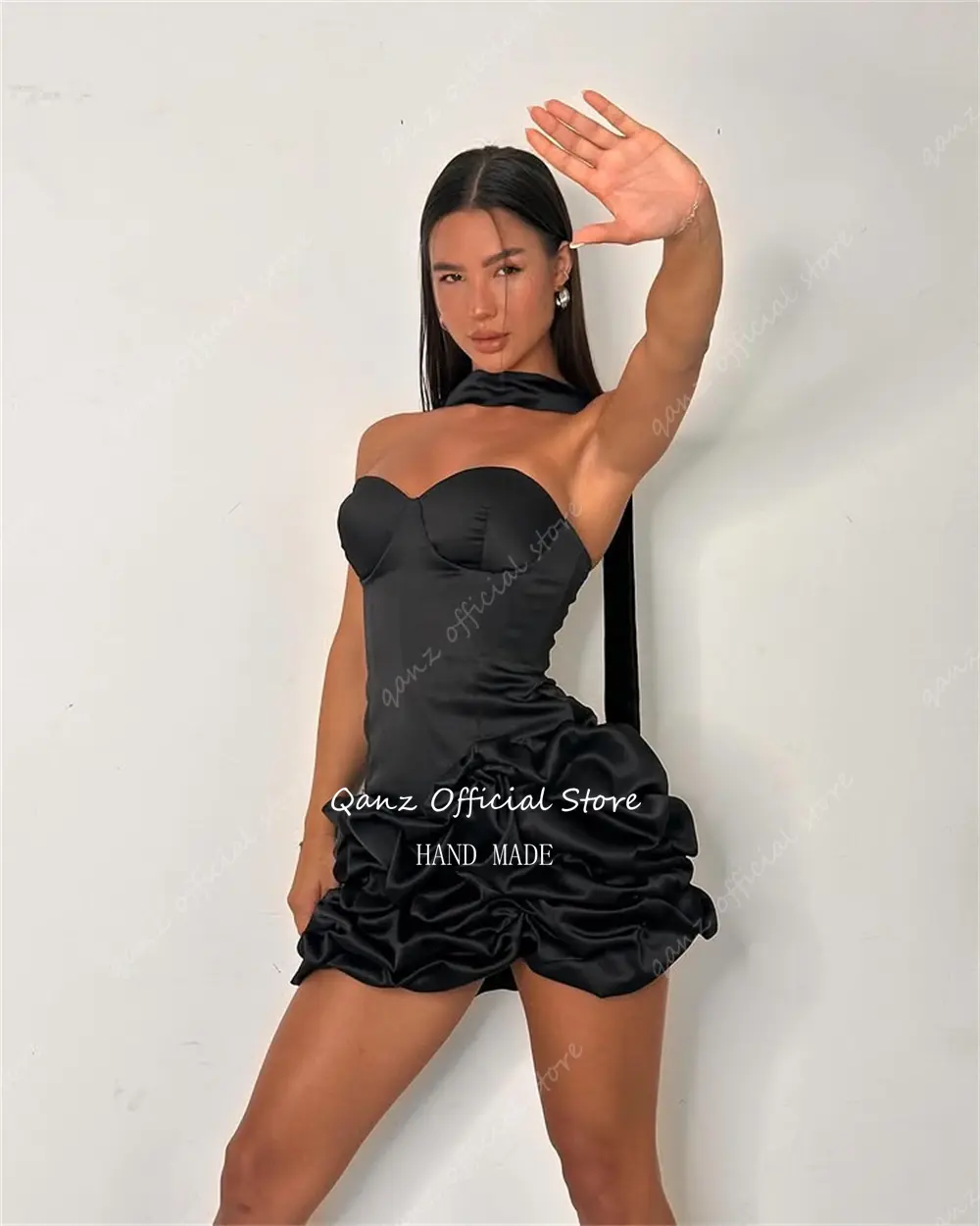Qanz Mini Black Satin Prom Dresses Tiered Ruffles Short Vestido De Gala Noche Mujer Corset Back Birthday Dress Woman Customized