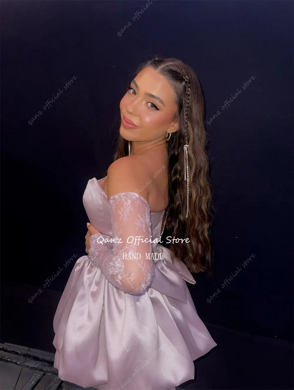 Qanz Pink Sexy Dress Party Night Prom Dress Pink Lace Mini Puff Vestidos Para Eventos Especiales Birthday Party Gowns Customized