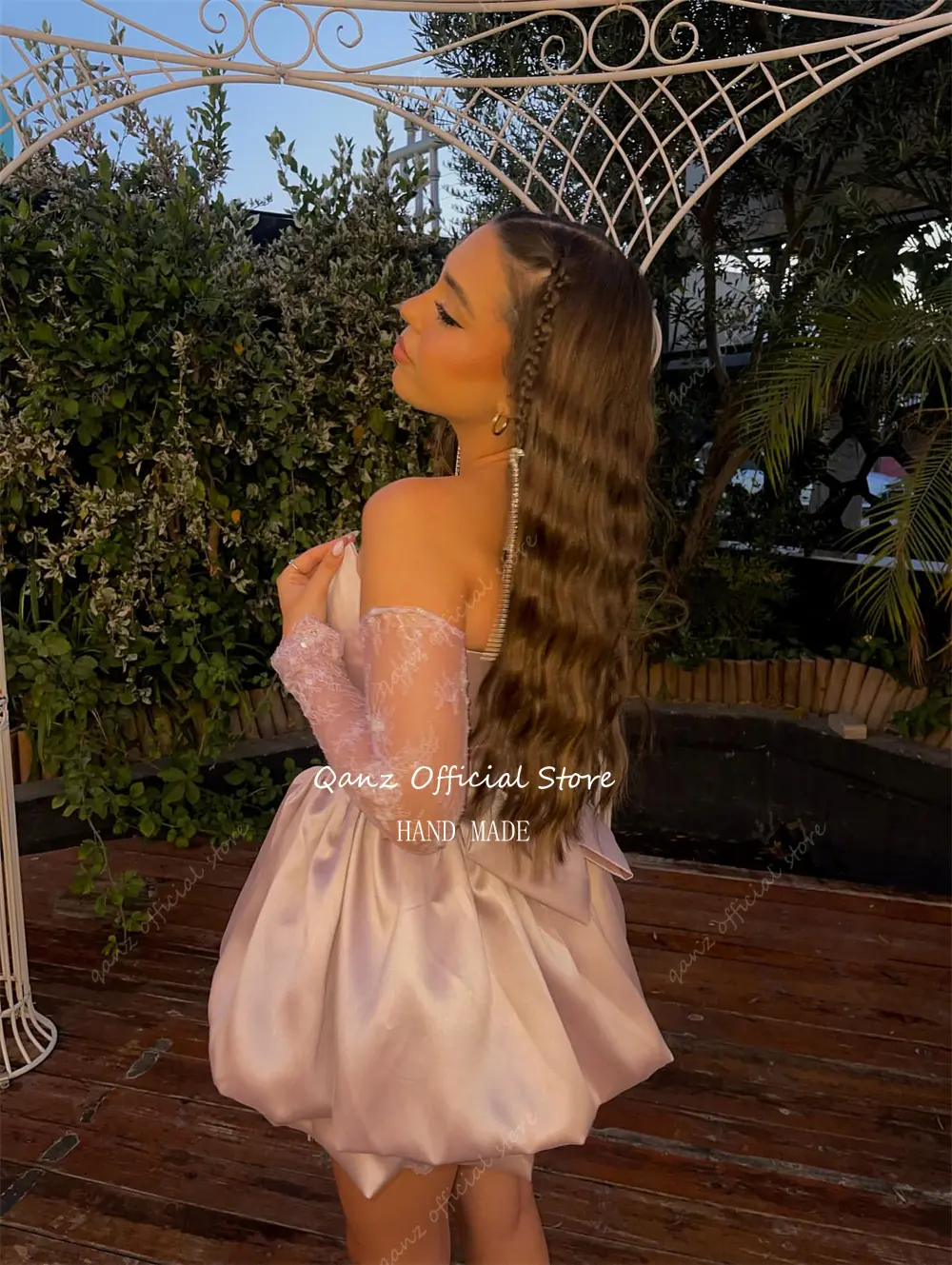 Qanz Pink Sexy Dress Party Night Prom Dress Pink Lace Mini Puff Vestidos Para Eventos Especiales Birthday Party Gowns Customized