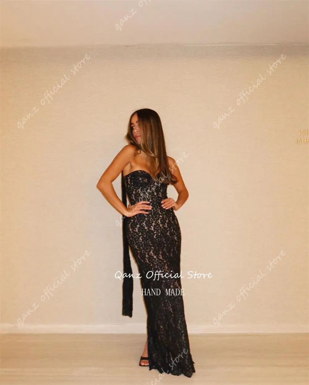 Qanz Vestidos De Fiesta Elegantes Para Mujer Black Evening Dresses Full Lace Corset Back Mermaid Party Gowns Customized